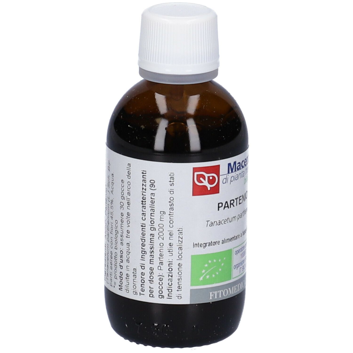 Flacone di vetro marrone con tappo bianco. Etichetta con testo: Macerato di pianta fresca, biologico. Logo e scritta FitoMedical.