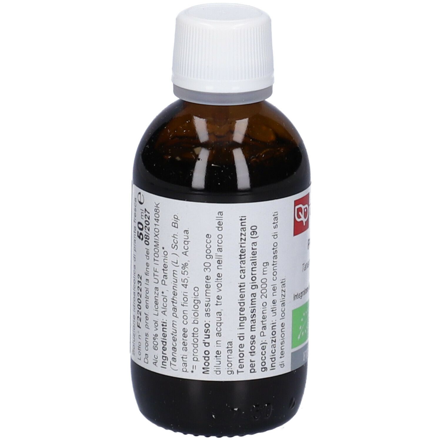 Flacone di vetro marrone con tappo bianco. Etichetta con testo: Macerato di pianta fresca, biologico. Logo e scritta FitoMedical.