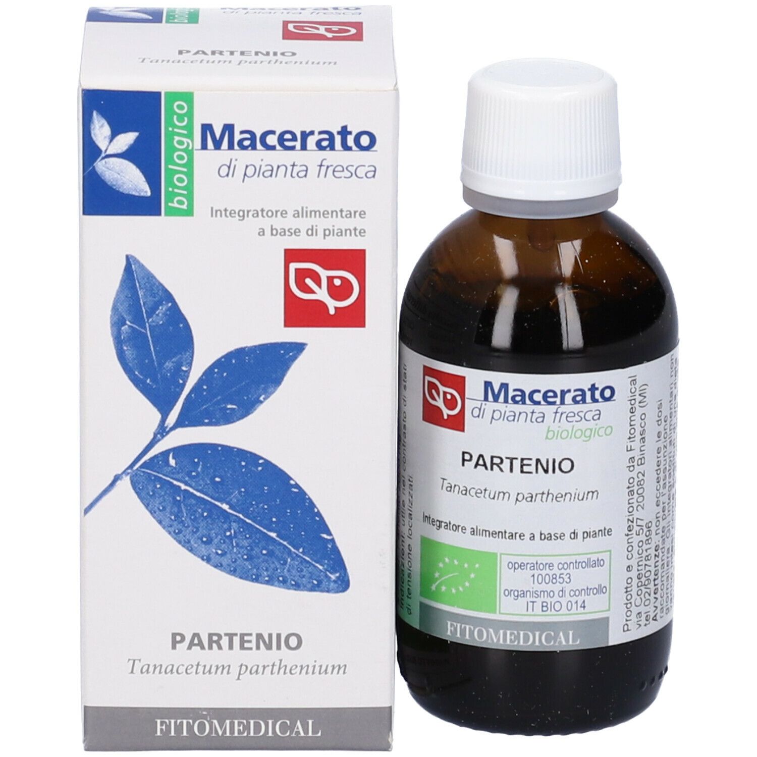 Confezione del prodotto: flacone e scatola. Flacone marrone con tappo bianco, scatola bianca. Testo: Partenio, Macerato di pianta fresca, biologico.