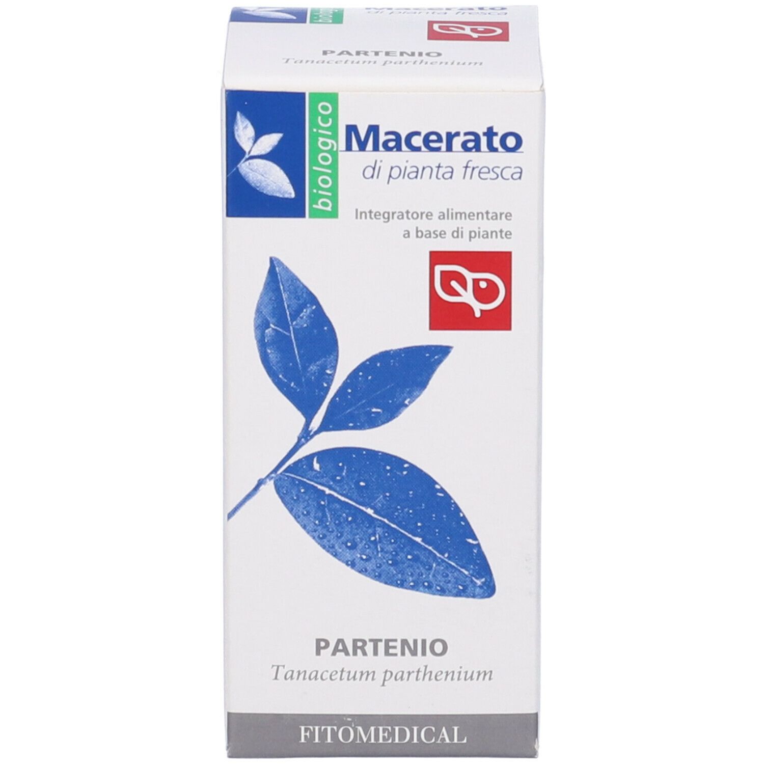 Scatola bianca con motivo a foglie blu. Testo: Partenio, Macerato di pianta fresca, biologico. Logo e scritta FitoMedical.