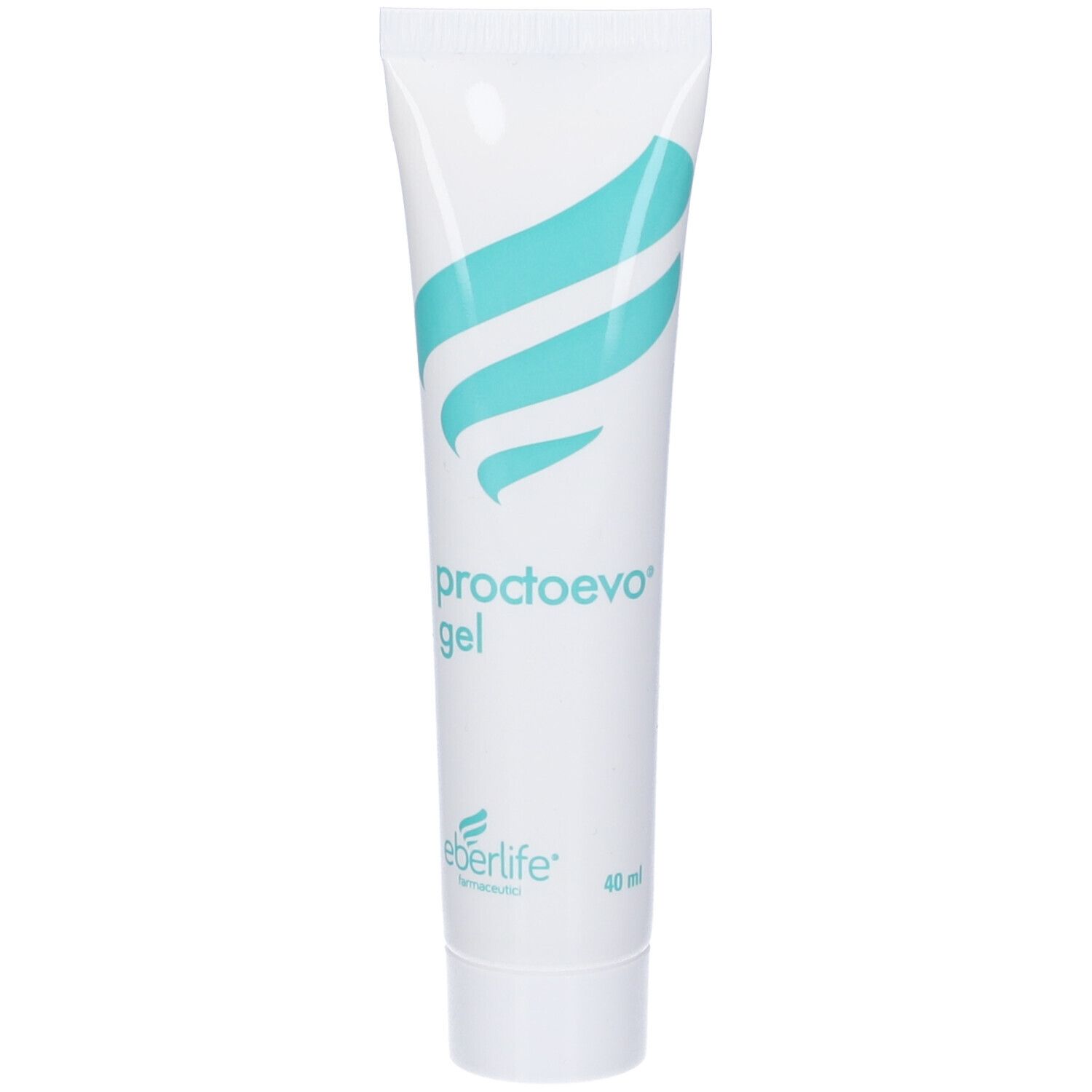 Tubo di gel Proctoevo. Bianco con strisce turchesi. Scritta Proctoevo gel ed Eberlife.