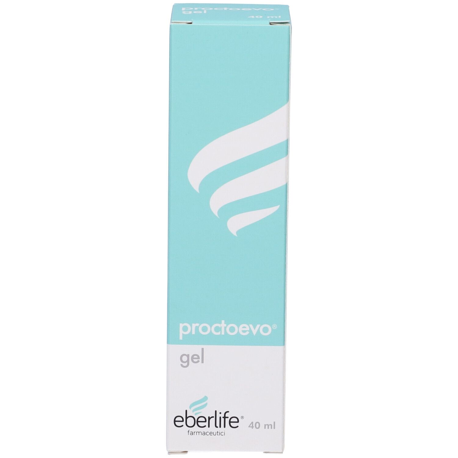 Scatola di gel Proctoevo. Design turchese e bianco con scritta Proctoevo gel ed Eberlife.