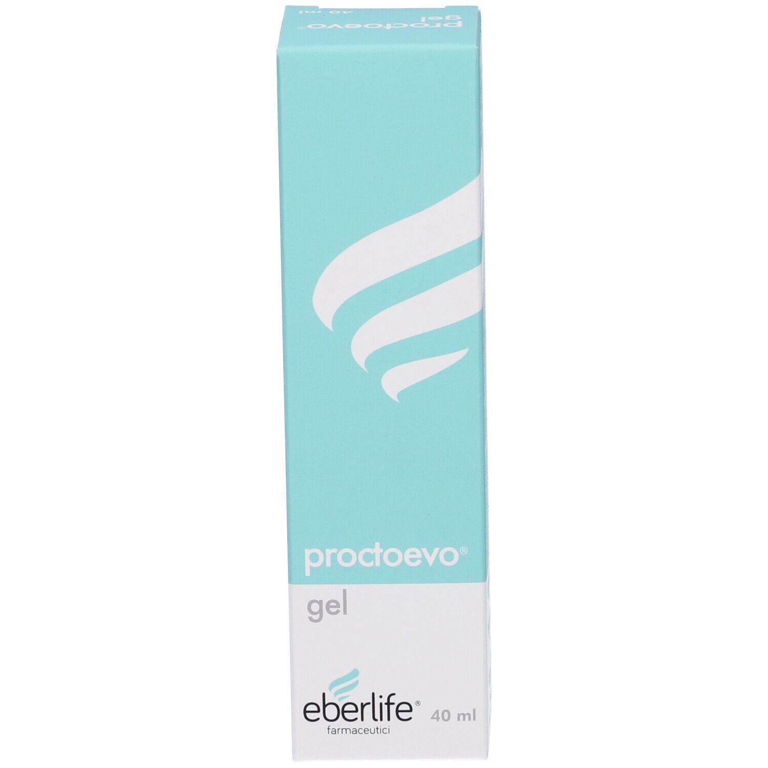 Scatola di gel Proctoevo. Design turchese e bianco con scritta Proctoevo gel ed Eberlife.
