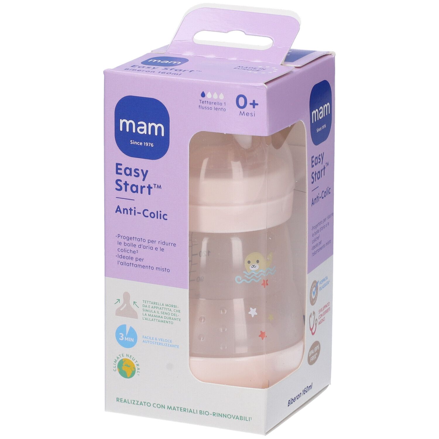 Confezione con biberon. Bottiglia rosa, confezione trasparente. Marca: mam, Easy Start Anti-Colic.