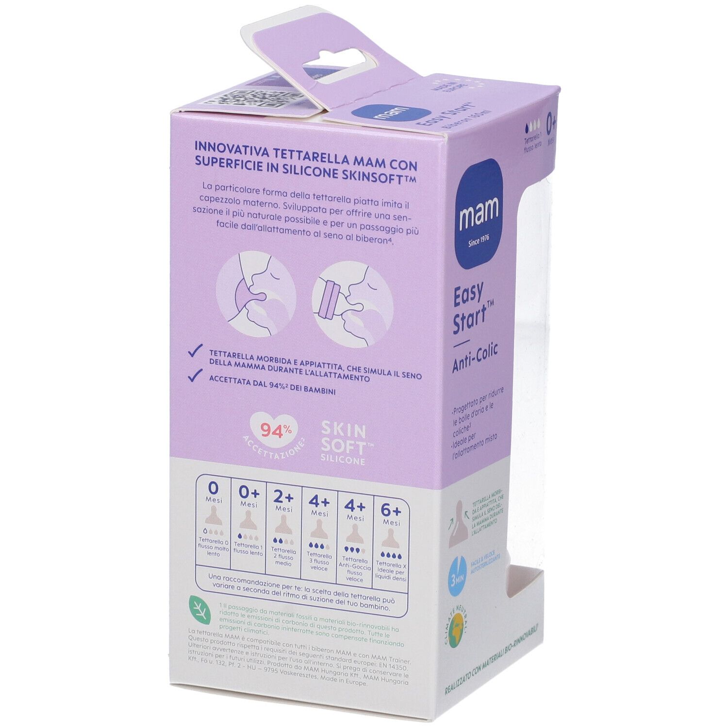 Confezione con informazioni sul prodotto. Marca: mam, Easy Start Anti-Colic. Retro con caratteristiche.