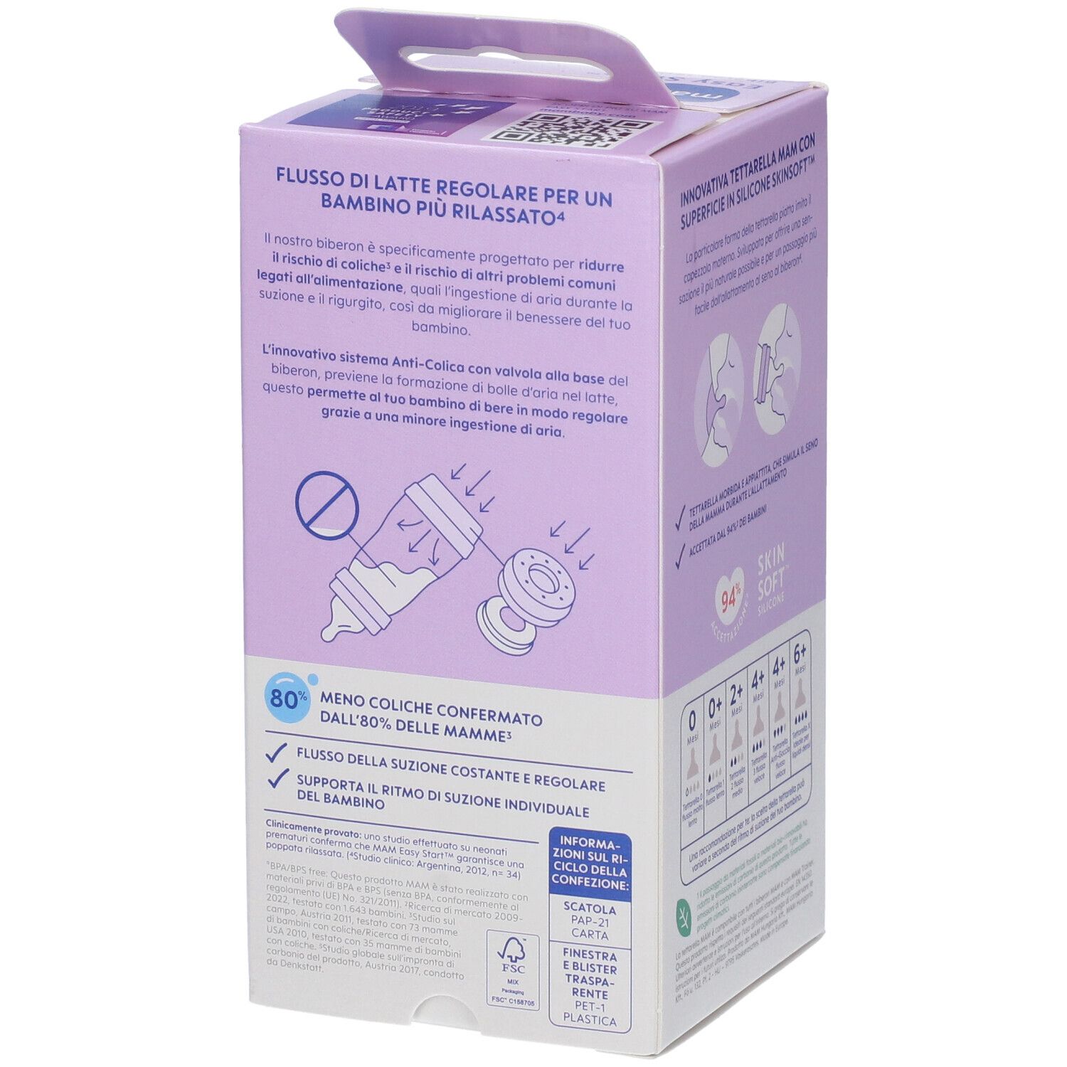 Confezione con informazioni sul prodotto. Marca: mam, Easy Start Anti-Colic. Retro con caratteristiche.