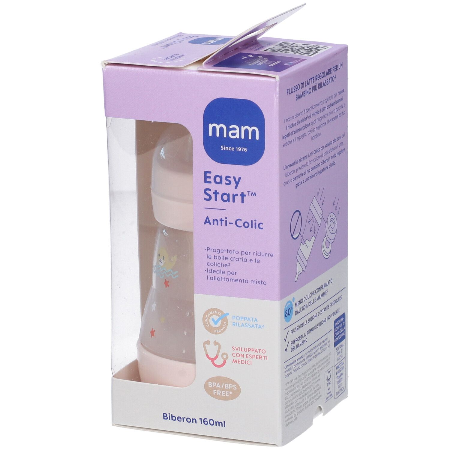 Confezione con biberon. Bottiglia rosa, confezione trasparente. Marca: mam, Easy Start Anti-Colic.