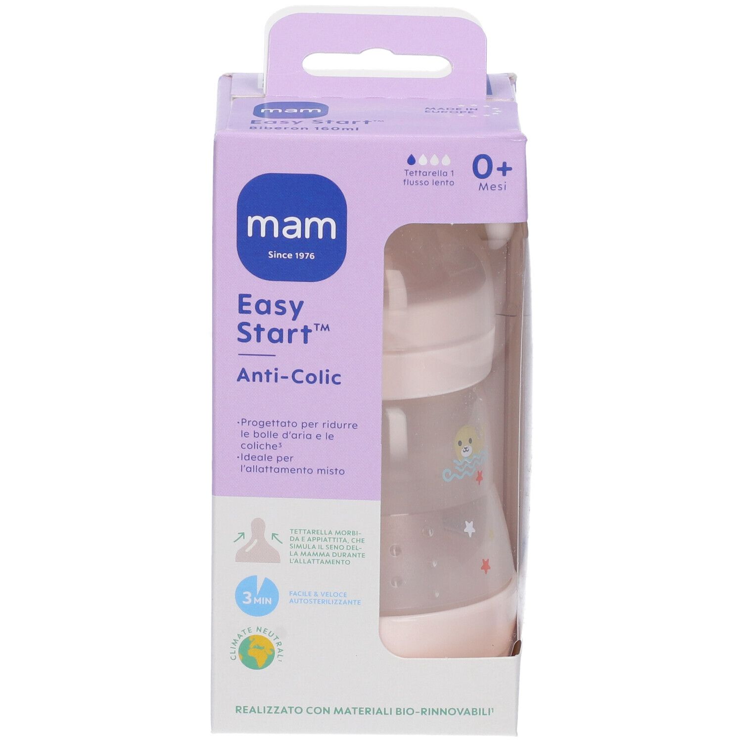 Confezione con biberon. Bottiglia rosa, confezione trasparente. Marca: mam, Easy Start Anti-Colic.