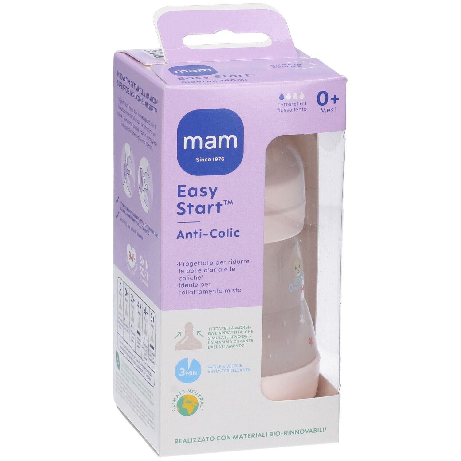 Confezione con biberon. Bottiglia rosa, confezione trasparente. Marca: mam, Easy Start Anti-Colic.