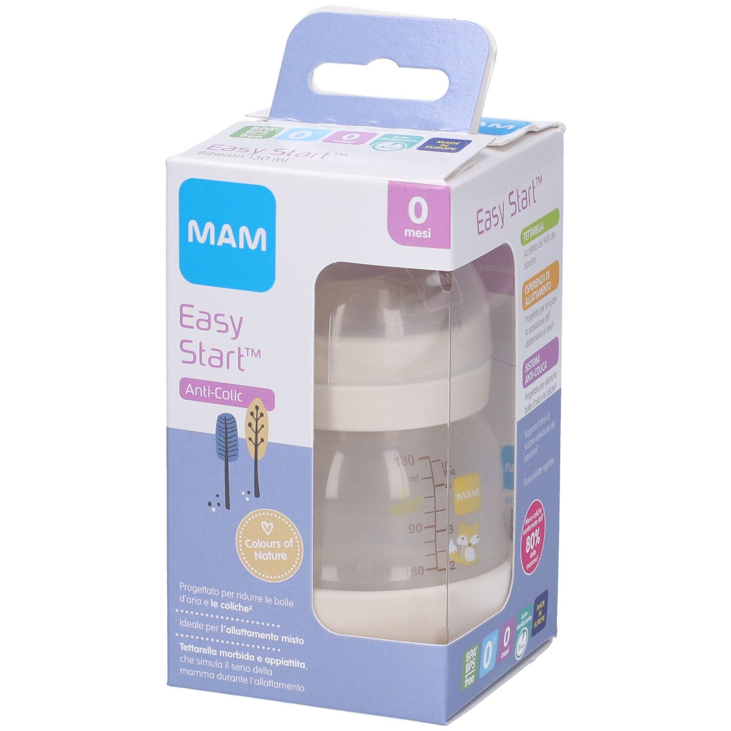 Confezione per biberon MAM Easy Start Anti-Colic. Finestra mostra la bottiglia. Imballaggio blu e bianco.