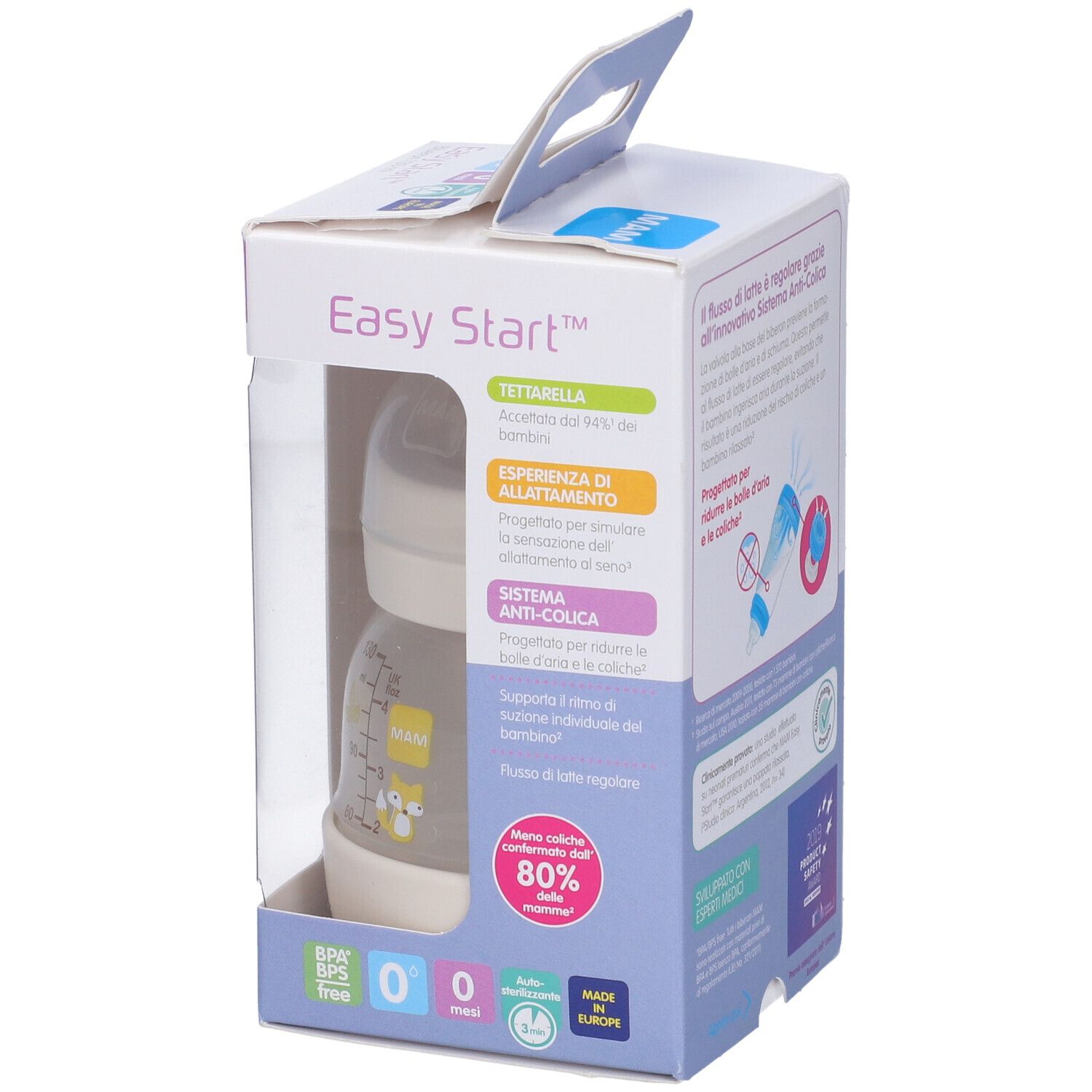 Confezione per biberon MAM Easy Start. Finestra mostra la bottiglia. Imballaggio blu e bianco.
