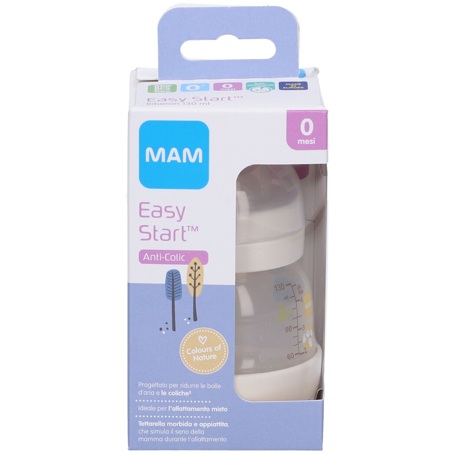 Confezione per biberon MAM Easy Start Anti-Colic. Finestra mostra la bottiglia. Imballaggio blu e bianco.
