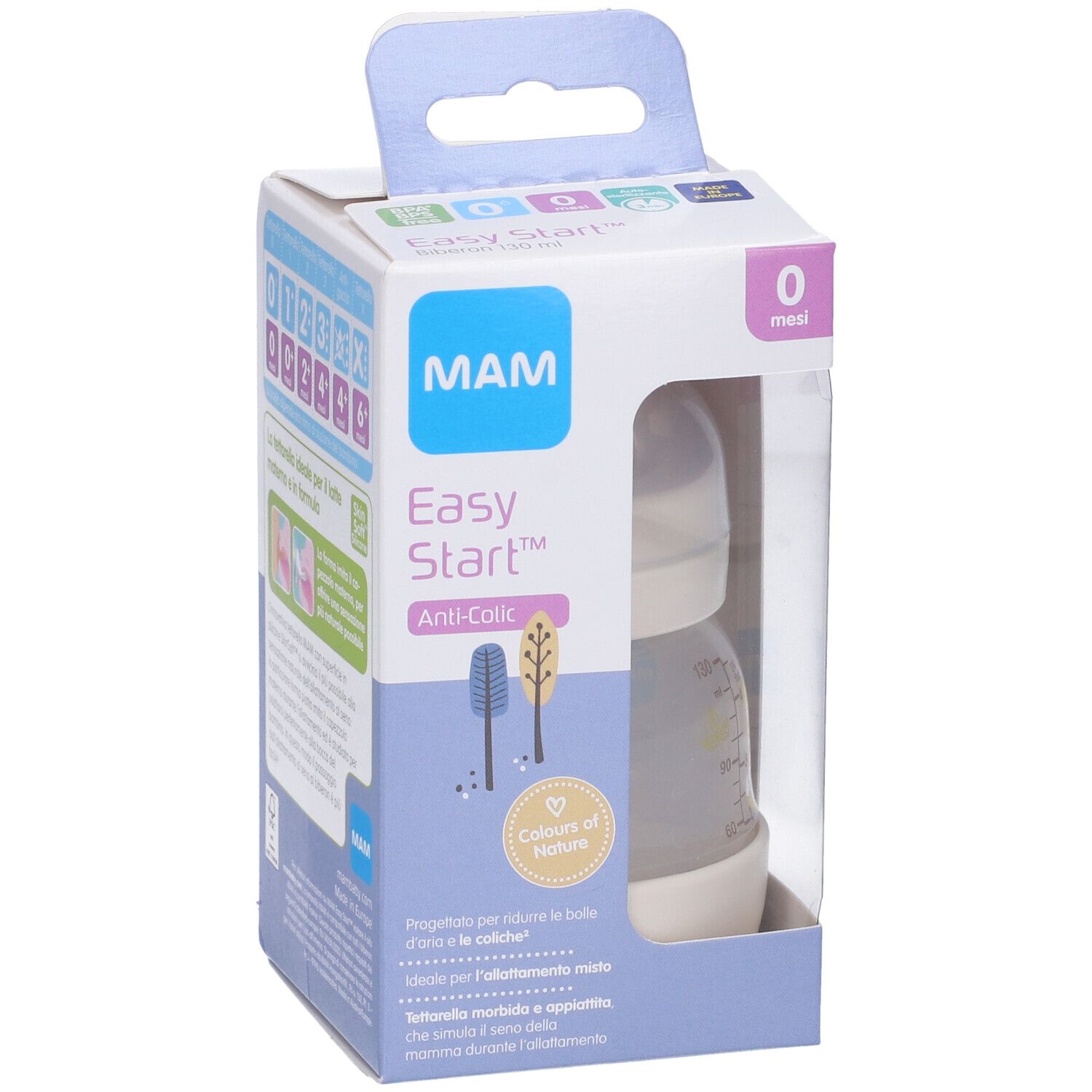 Confezione per biberon MAM Easy Start Anti-Colic. Finestra mostra la bottiglia. Imballaggio blu e bianco.