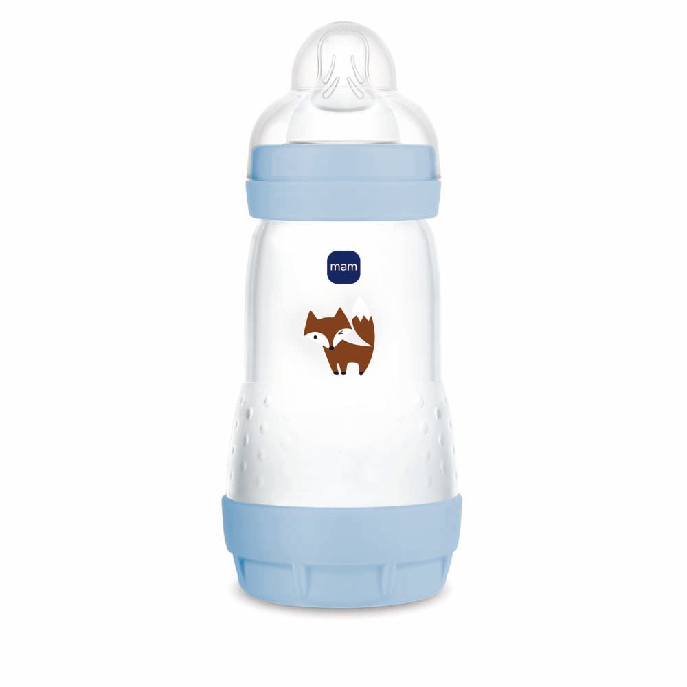 MAM Easy Start™ Anti-Kolik Flasche, 260 ml, mit Skala und blauem Boden.