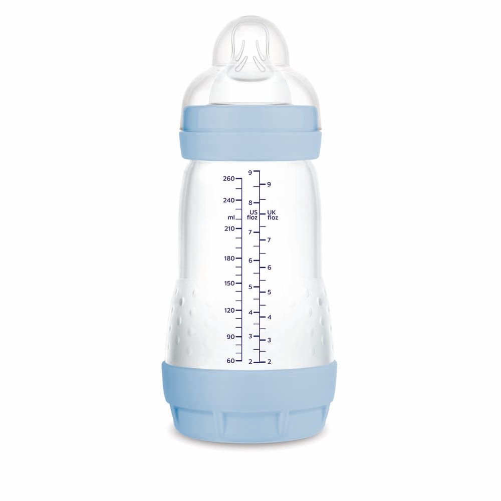 MAM Easy Start™ Anti-Kolik Flasche, 260 ml, mit Skala und hellblauem Boden.
