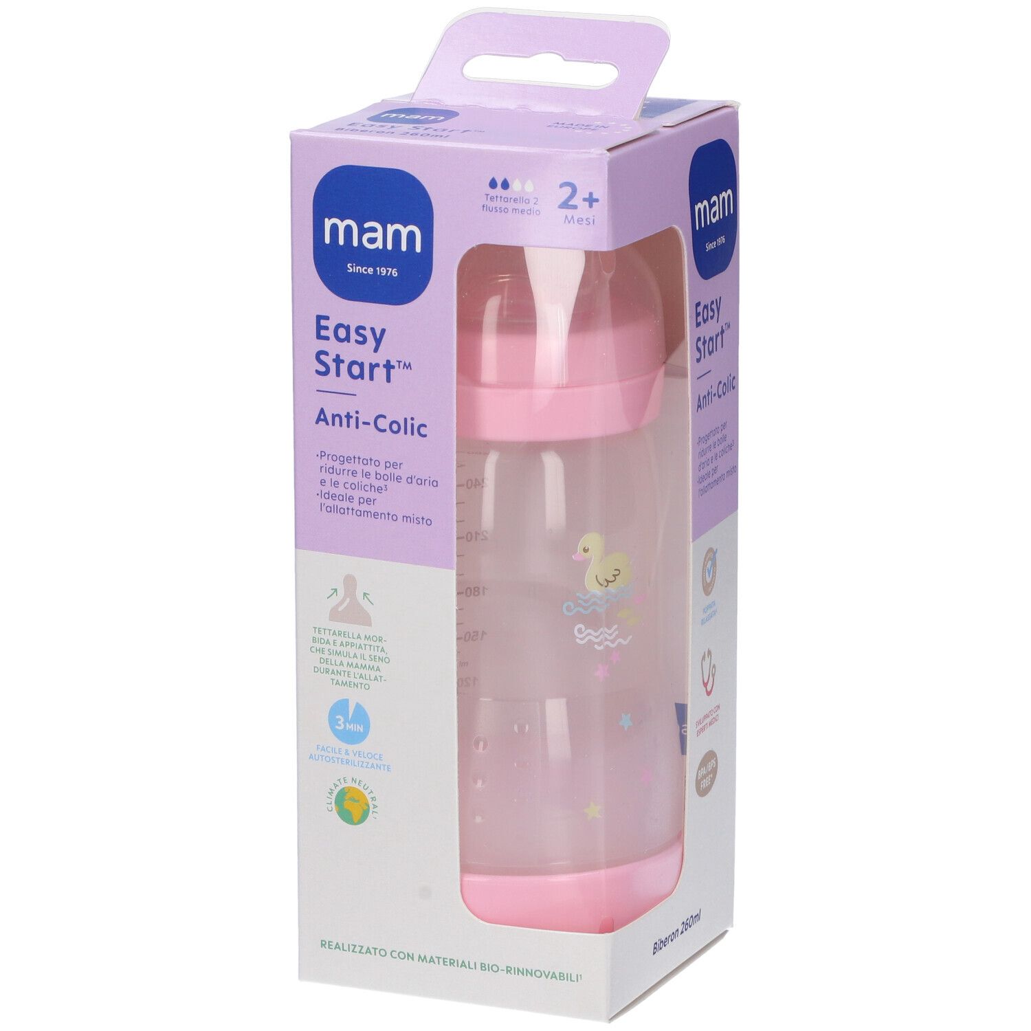Confezione con biberon. Bottiglia rosa, trasparente. Scritta: Mam Easy Start Anti-Colic. Età consigliata: 2+ mesi.