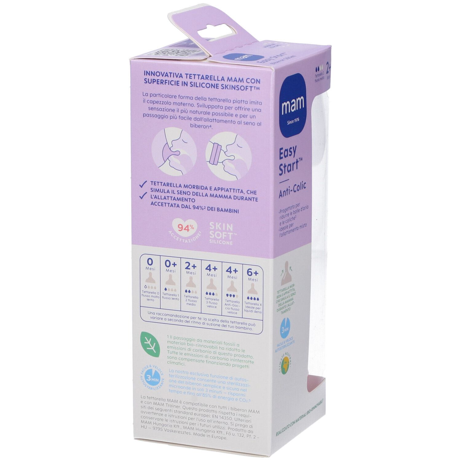 Confezione con informazioni sul prodotto. Testo in italiano. Nome prodotto: Mam Easy Start Anti-Colic. Età consigliata.
