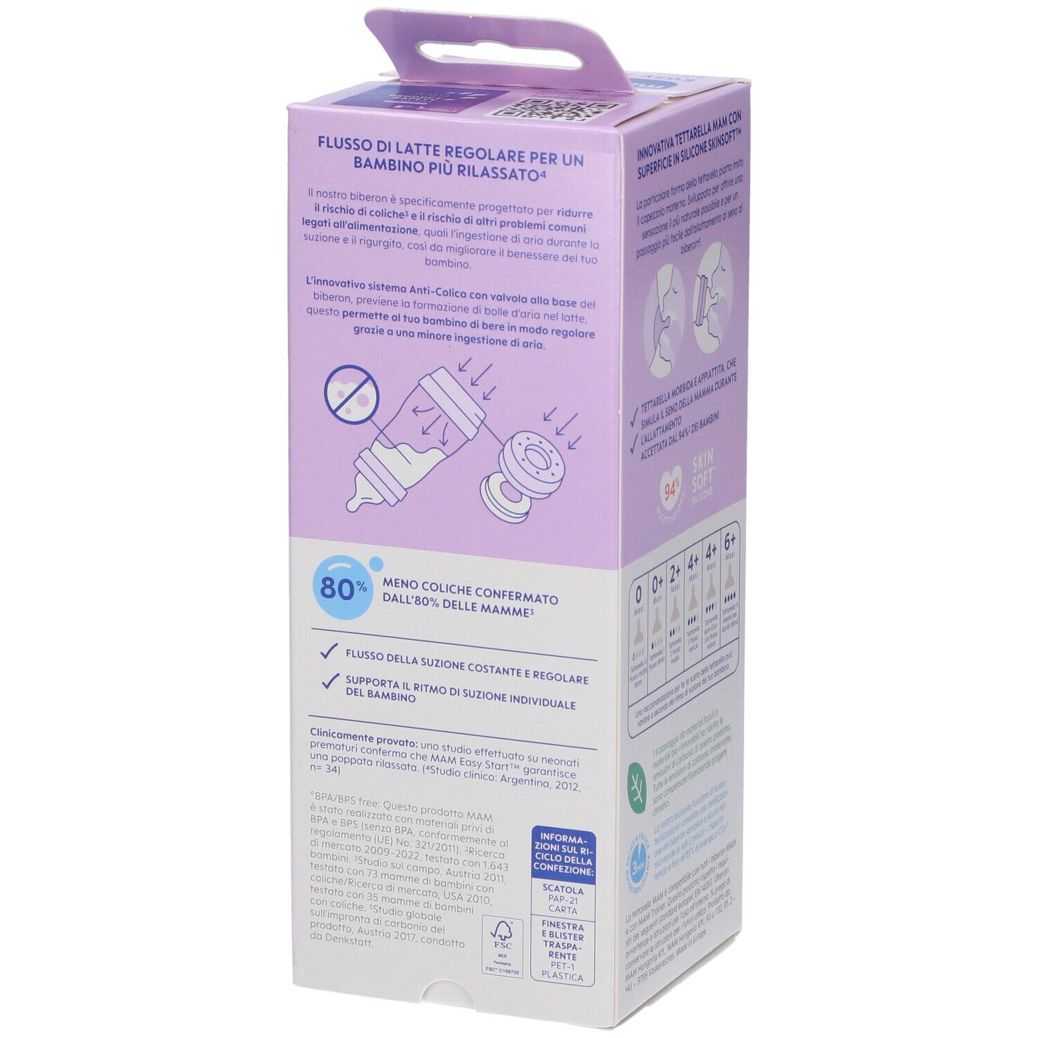 Confezione con informazioni sul prodotto. Testo in italiano. Nome prodotto: Mam Easy Start Anti-Colic. Età consigliata.