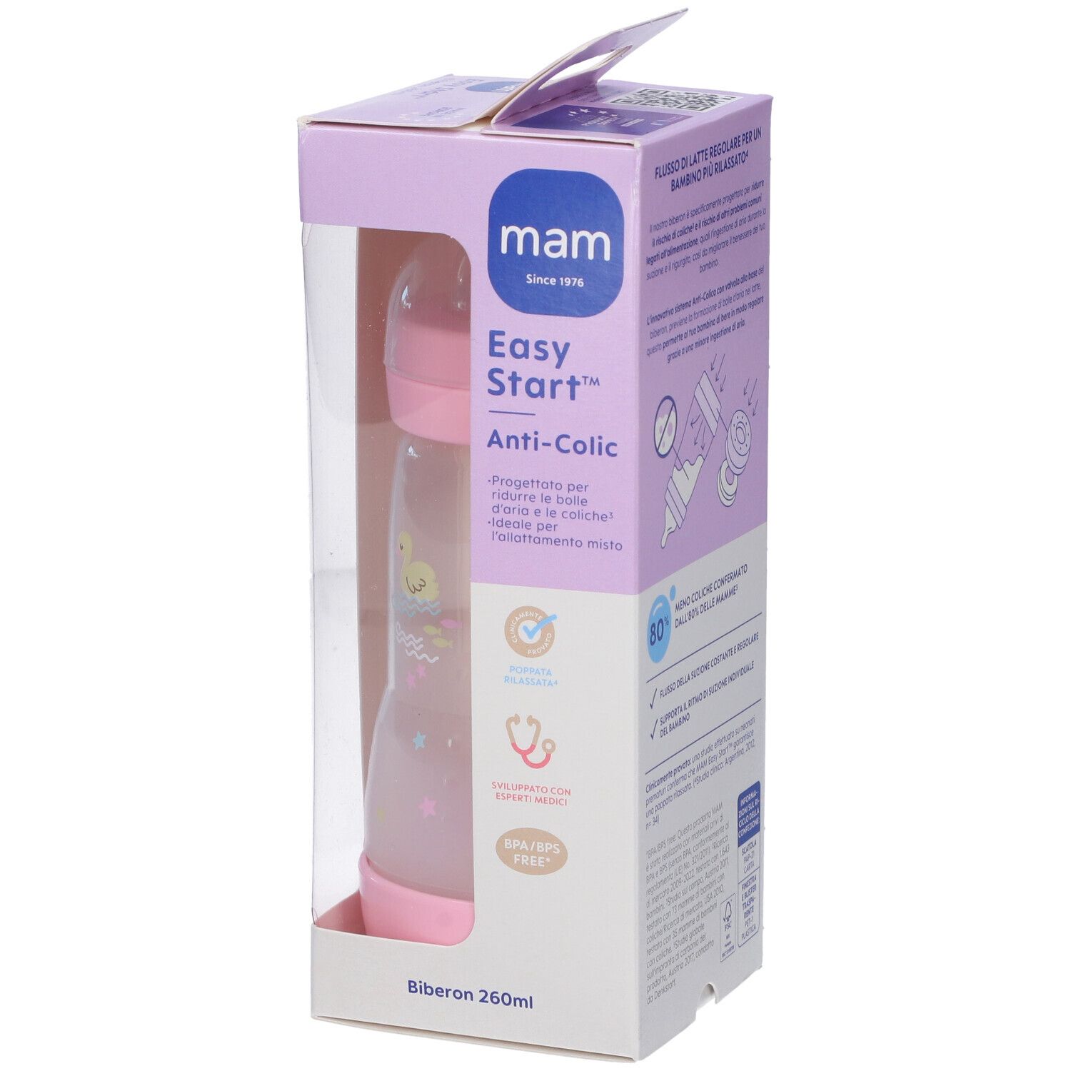 Confezione con biberon. Bottiglia rosa, trasparente. Scritta: Mam Easy Start Anti-Colic. Età consigliata: 2+ mesi.