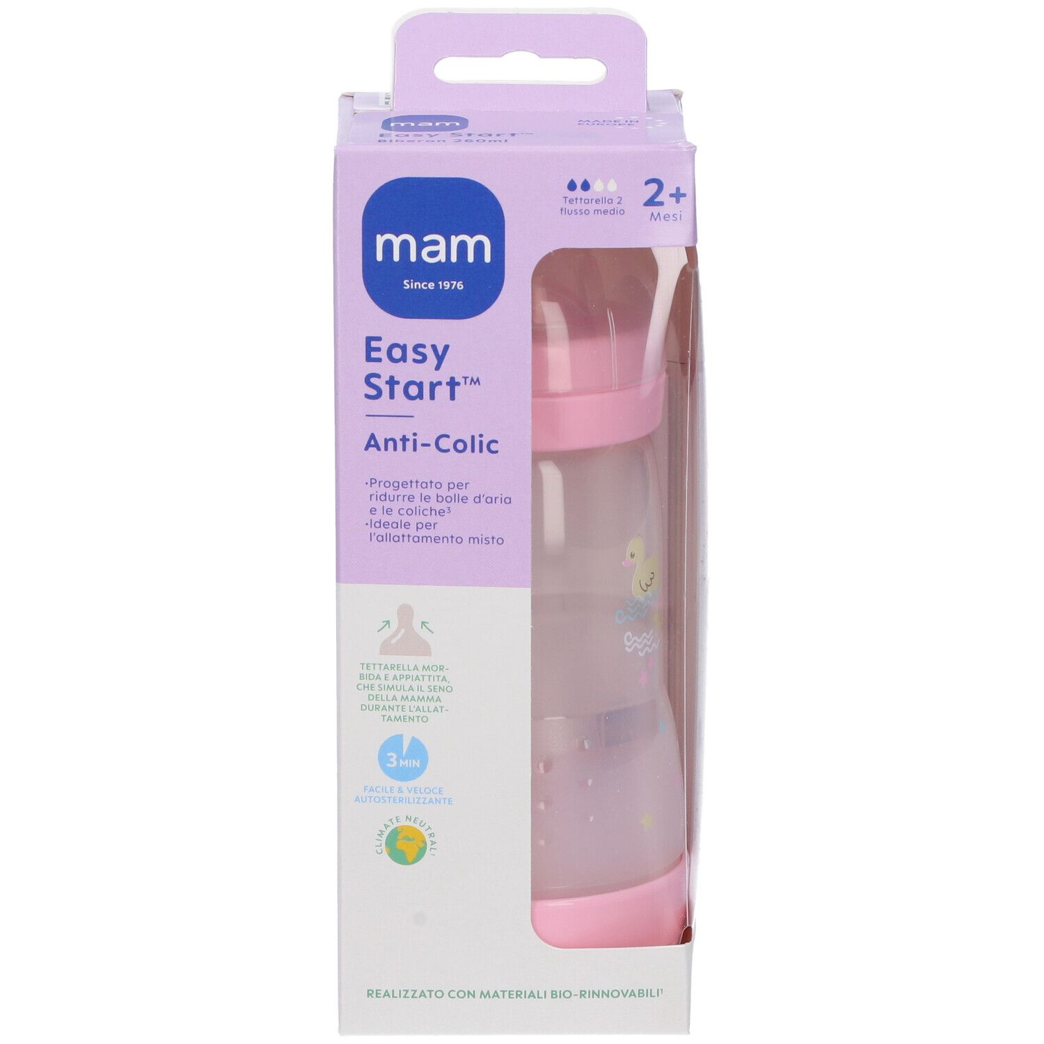Confezione con biberon. Bottiglia rosa, trasparente. Scritta: Mam Easy Start Anti-Colic. Età consigliata: 2+ mesi.