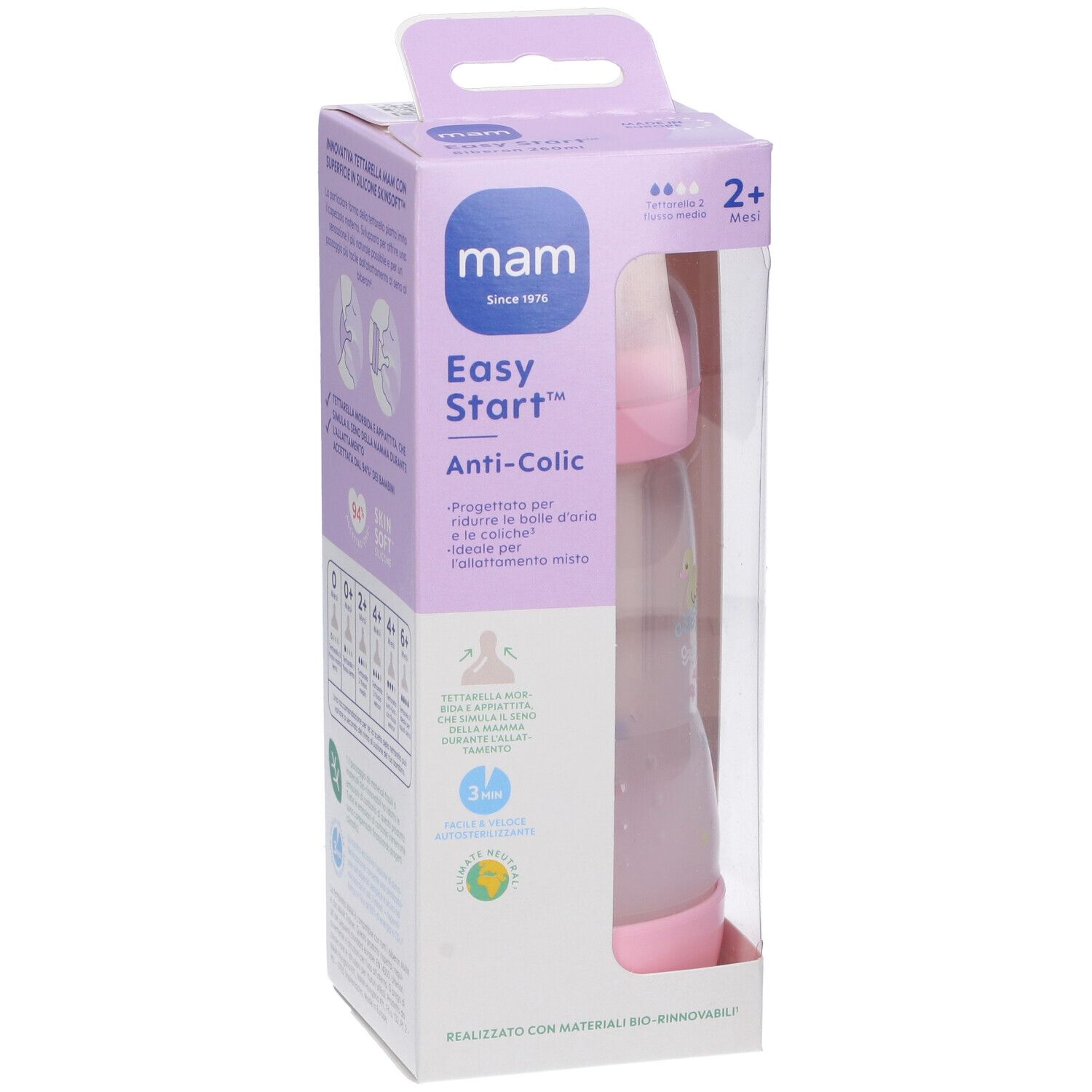 Confezione con biberon. Bottiglia rosa, trasparente. Scritta: Mam Easy Start Anti-Colic. Età consigliata: 2+ mesi.