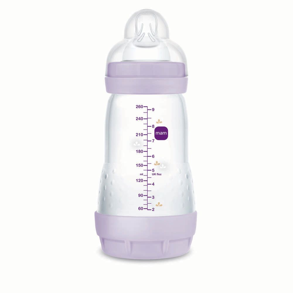 Lila Babyflasche mit Skala und Anti-Kolik-Ventil.