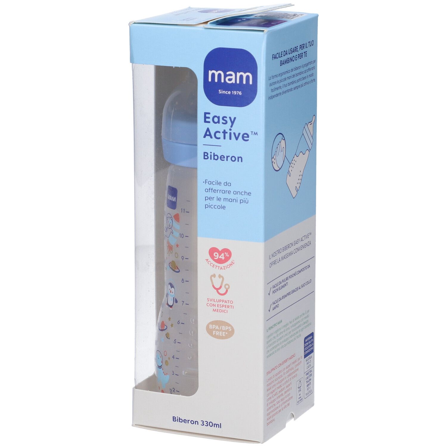 Biberon dans son emballage. Biberon bleu avec échelle graduée. Fenêtre transparente. Marque MAM, Easy Active.
