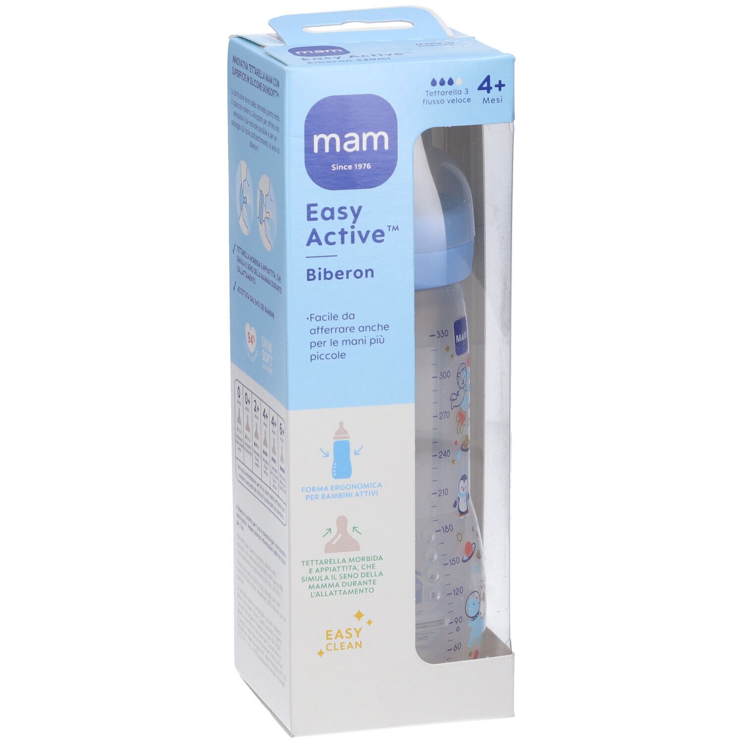 Biberon dans son emballage. Biberon bleu avec échelle graduée. Fenêtre transparente. Marque MAM, Easy Active.