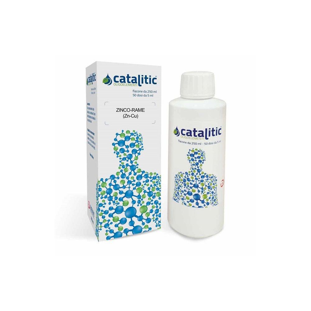Flacone e scatola bianchi. Scritta: Catalitic, ZINCO-RAME (Zn-Cu). Illustrazione di un corpo umano con molecole.