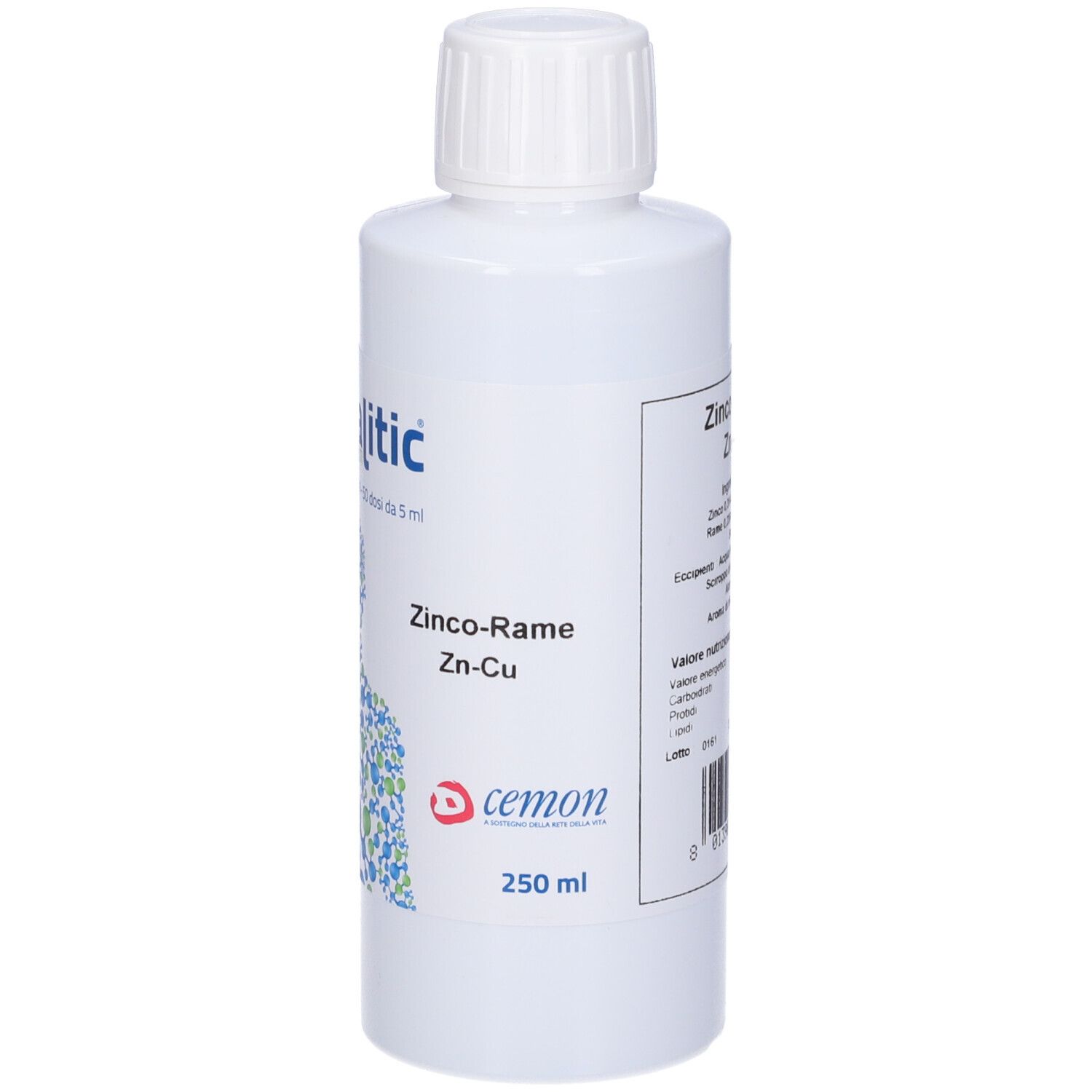 Flacone bianco con tappo bianco. Scritta: Catalitic, ZINCO-RAME (Zn-Cu). Etichetta con ingredienti e informazioni nutrizionali.