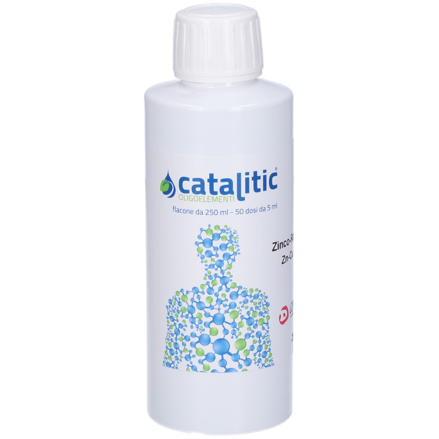 Flacone bianco con tappo bianco. Scritta: Catalitic, ZINCO-RAME (Zn-Cu). Logo Cemon. Volume: 250 ml.