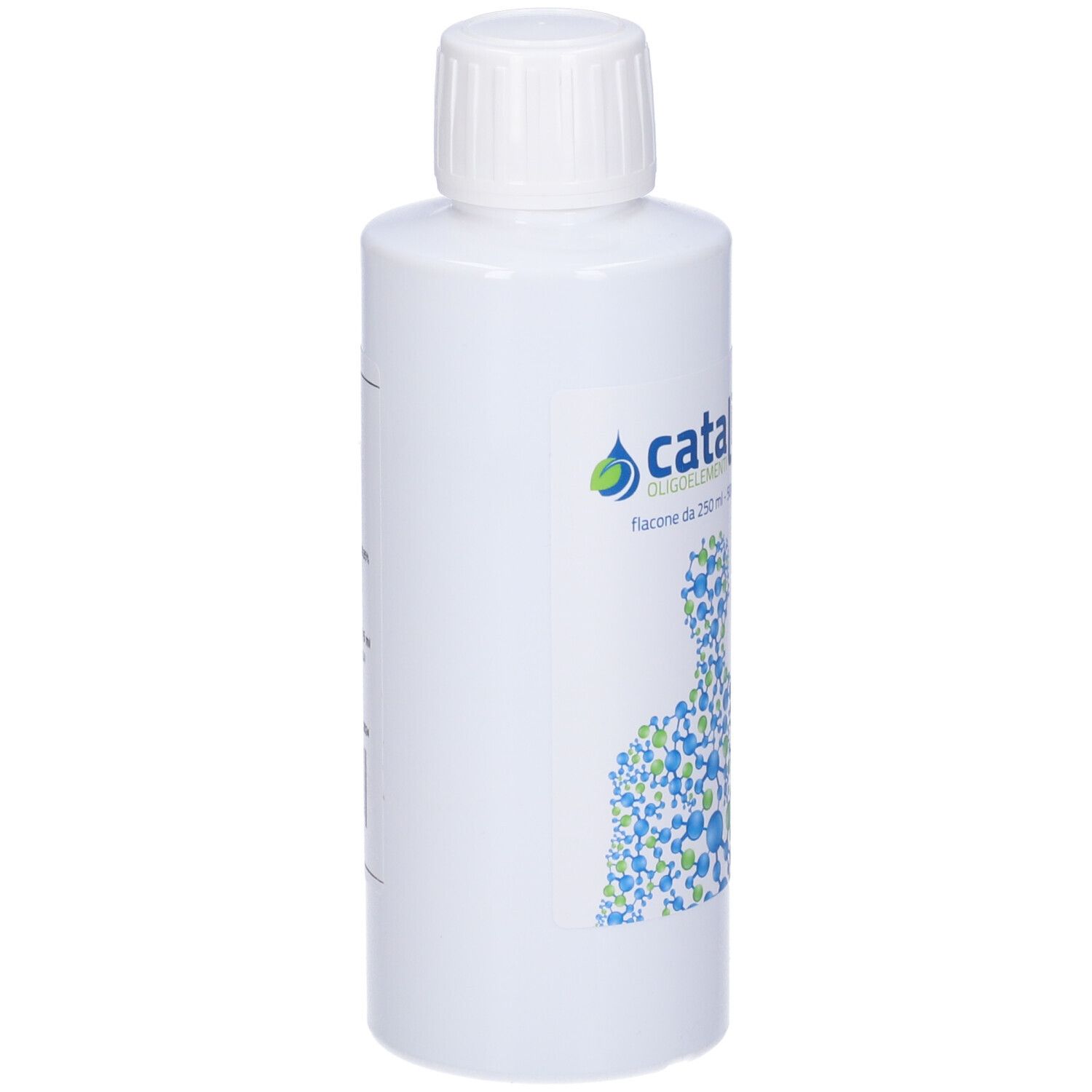 Flacone bianco con tappo bianco. Scritta: Catalitic. Illustrazione di un corpo umano con molecole. Etichetta.