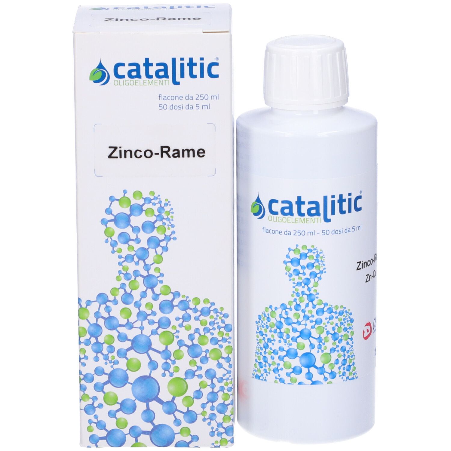 Flacone e scatola bianchi. Scritta: Catalitic, ZINCO-RAME. Illustrazione di un corpo umano con molecole. Flacone accanto.