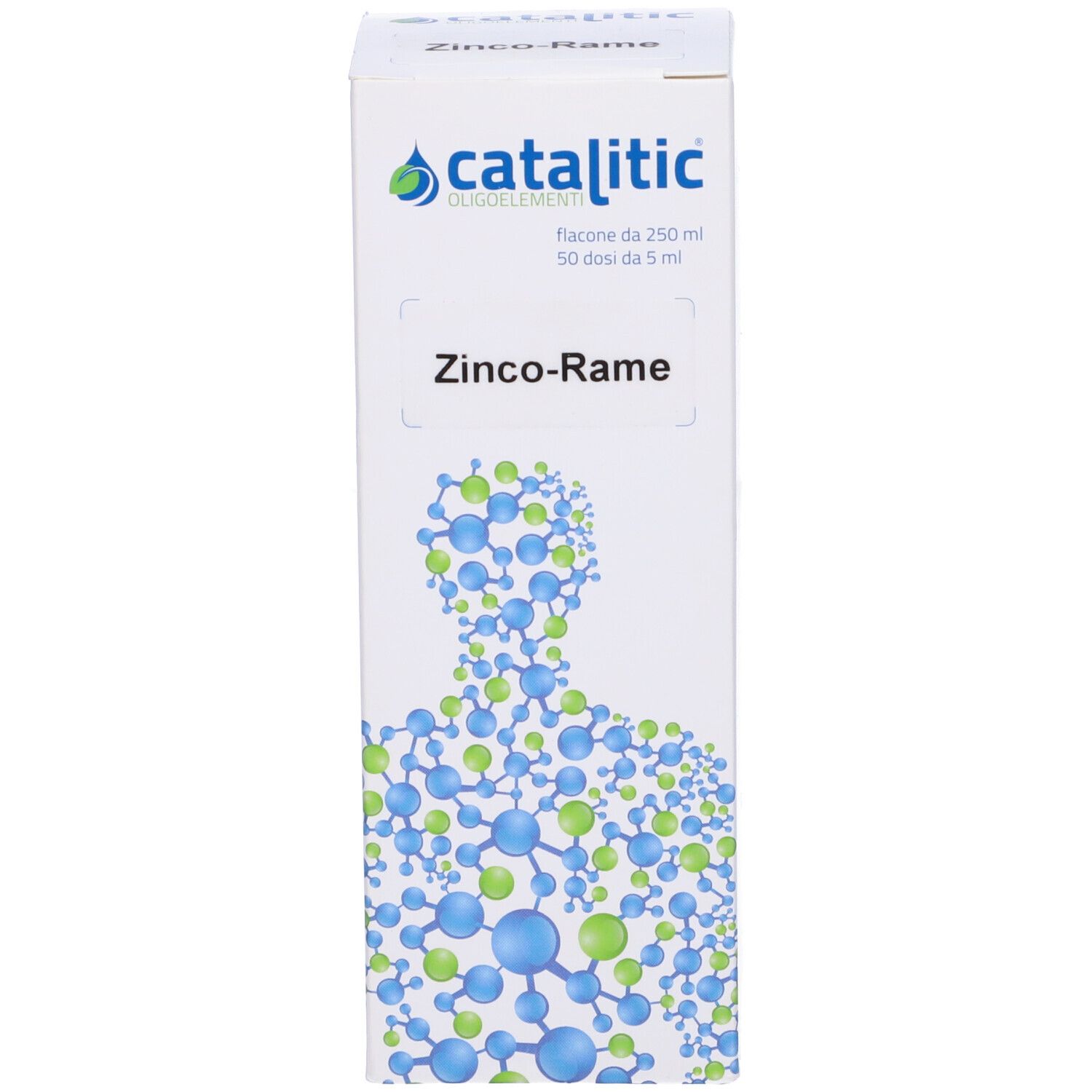 Scatola. Scritta: Catalitic, ZINCO-RAME. Illustrazione di un corpo umano con molecole. Sfondo bianco.