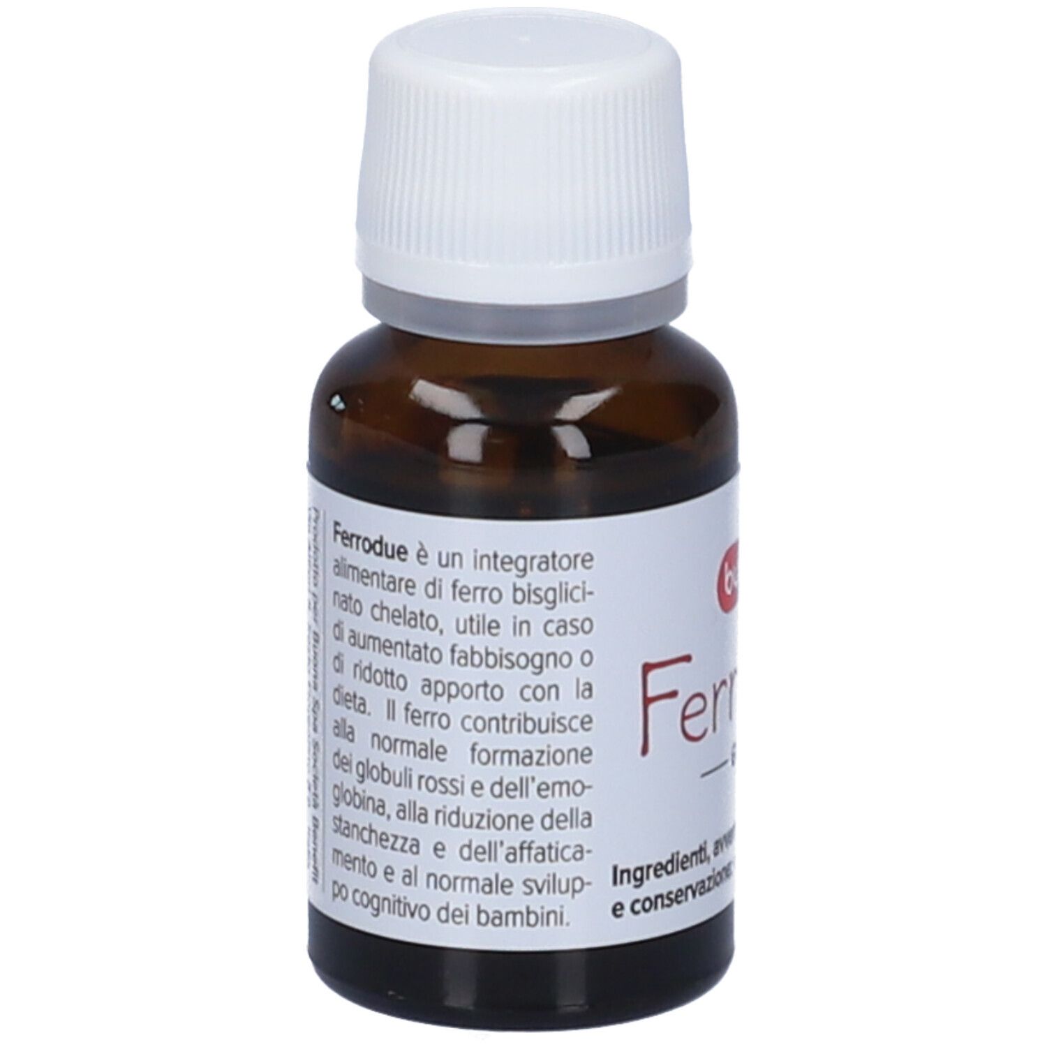 Flacon en verre brun avec bouchon blanc et étiquette. Texte : Ferrodue, complément alimentaire. Marque : Buona.
