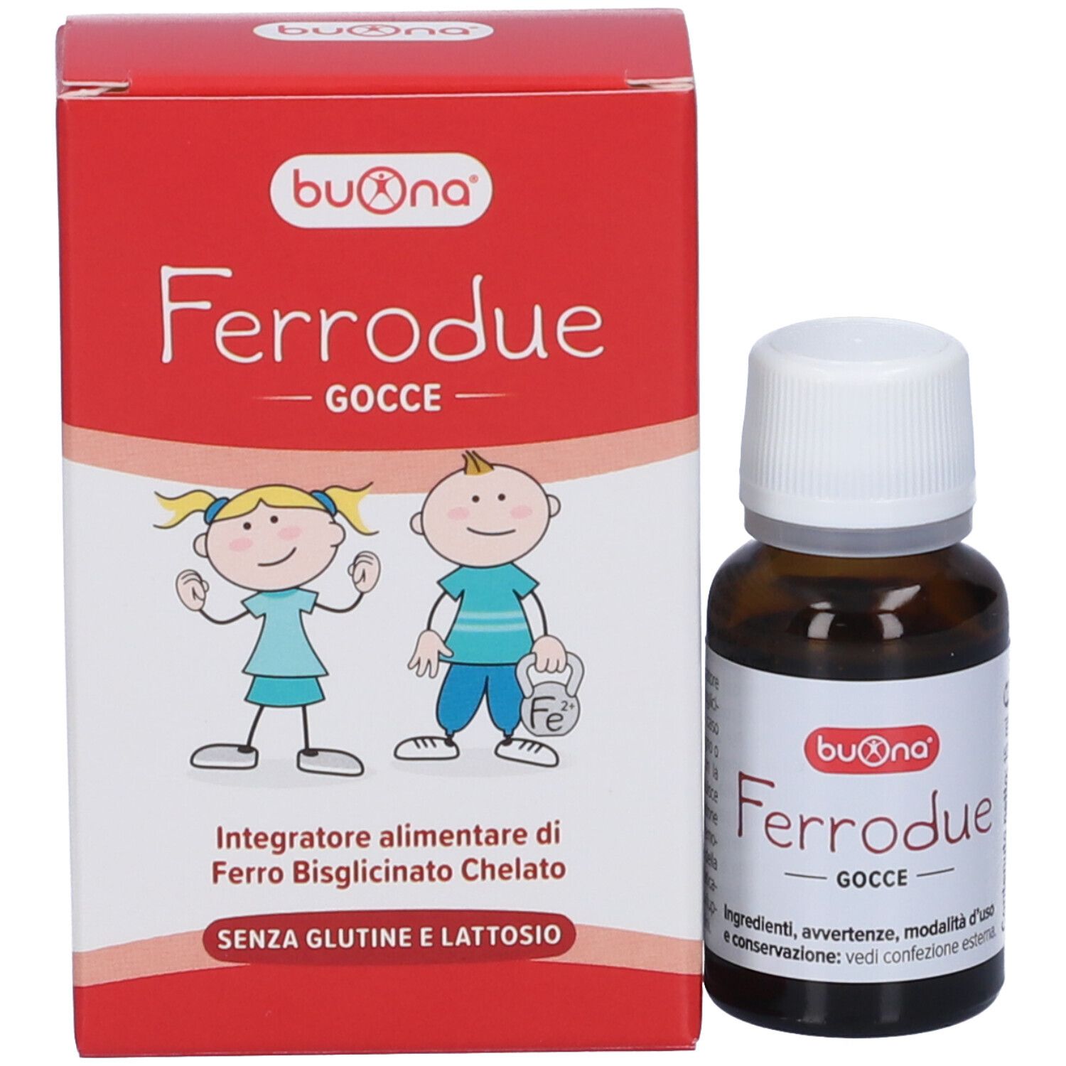 Emballage du produit avec flacon. Boîte rouge avec inscription : Ferrodue, gouttes. Marque : Buona. Contient deux enfants.