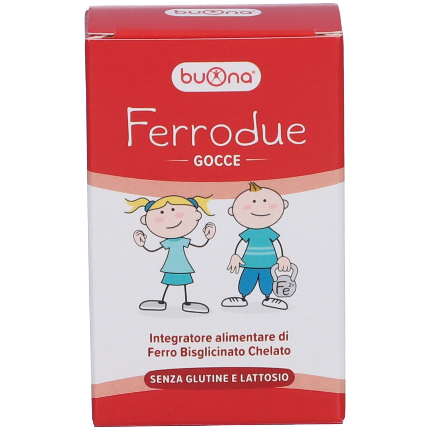 Emballage du produit rouge. Inscription : Ferrodue, gouttes. Marque : Buona. Illustration de deux enfants. Sans gluten et lactose.