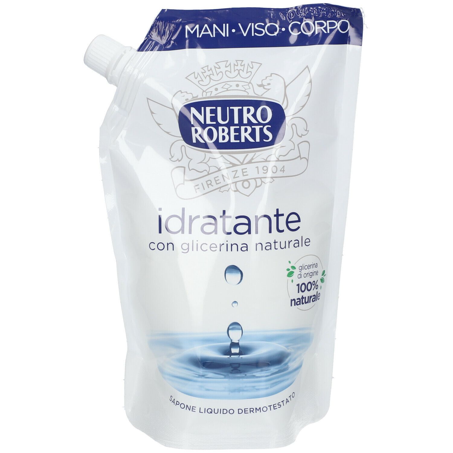 Recharge blanche NEUTRO ROBERTS. Inscription 'idratante con glicerina naturale'. Label '100% naturel'. Avec bec verseur.
