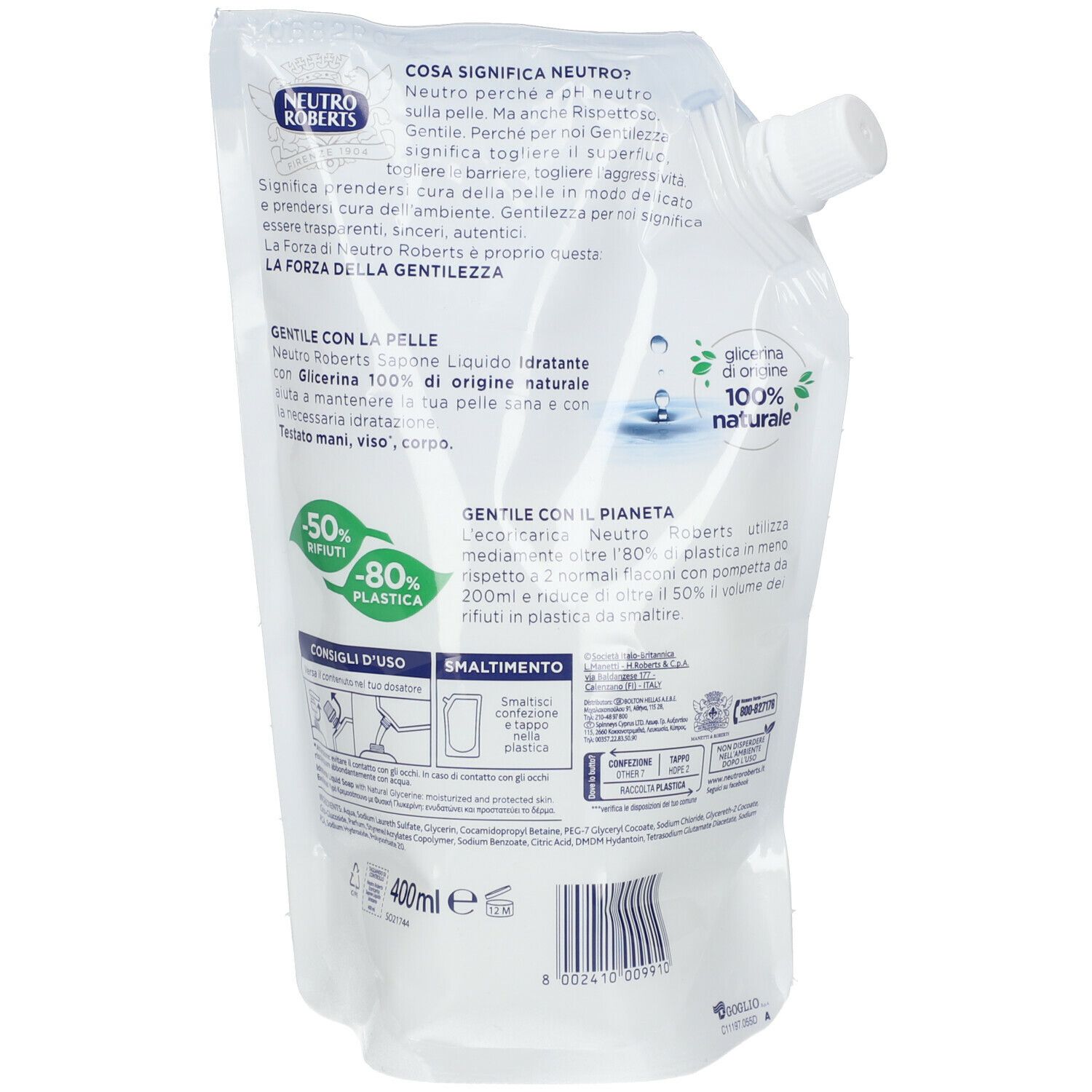 Dos de la recharge blanche. Texte et logos NEUTRO ROBERTS. Informations sur la durabilité et les ingrédients. Instructions de recyclage.