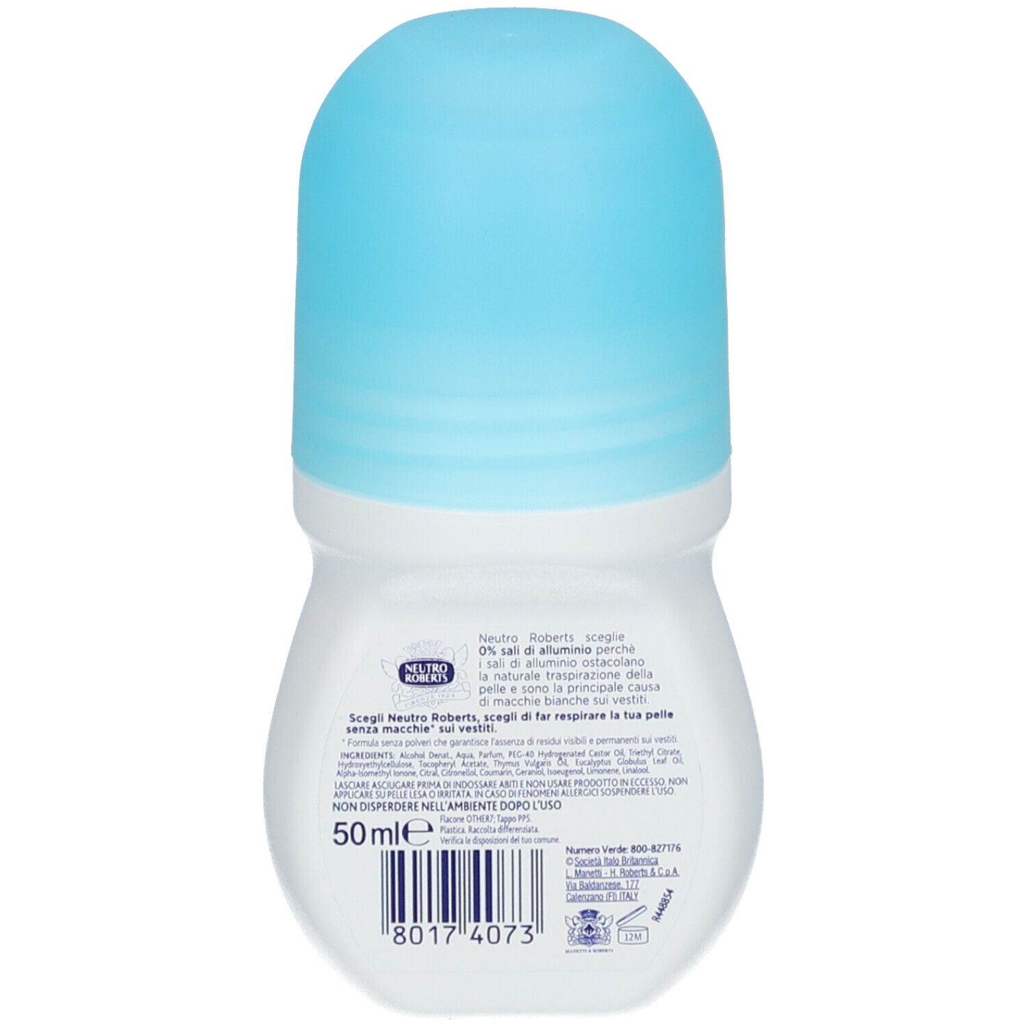 Retro del roll-on deodorante. Scritte: NEUTRO ROBERTS, testo. Codice a barre e indicazione volume: 50ml.