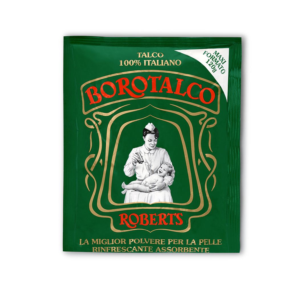 Grüne Verpackung mit BOROTALCO-Logo, Abbildung einer Frau mit Baby. Text: TALCO 100% ITALIANO, ROBERTS, MAXI FORMAT 120g.