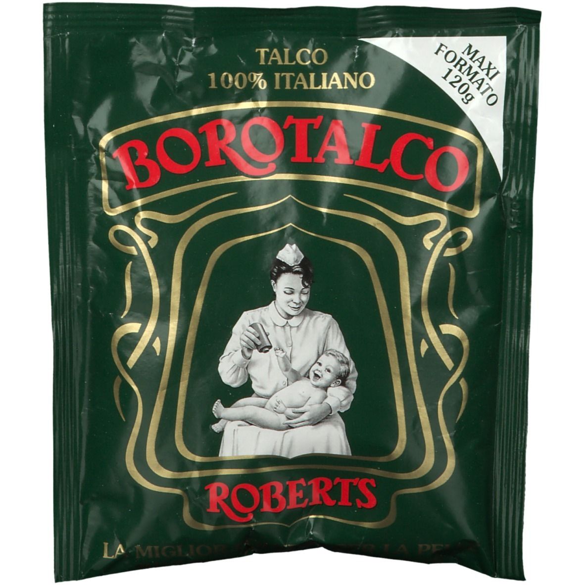 Grüne Verpackung mit BOROTALCO-Logo, Abbildung einer Frau mit Baby. Text: TALCO 100% ITALIANO, ROBERTS, MAXI FORMAT 120g.