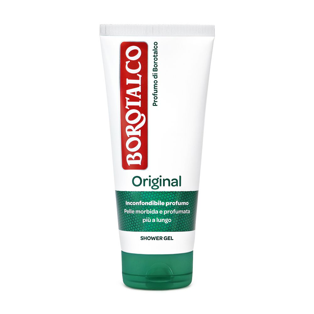 Tube blanche et verte. Logo BOROTALCO et texte "Original". Texte: "Inconfondibile profumo". Gel douche.