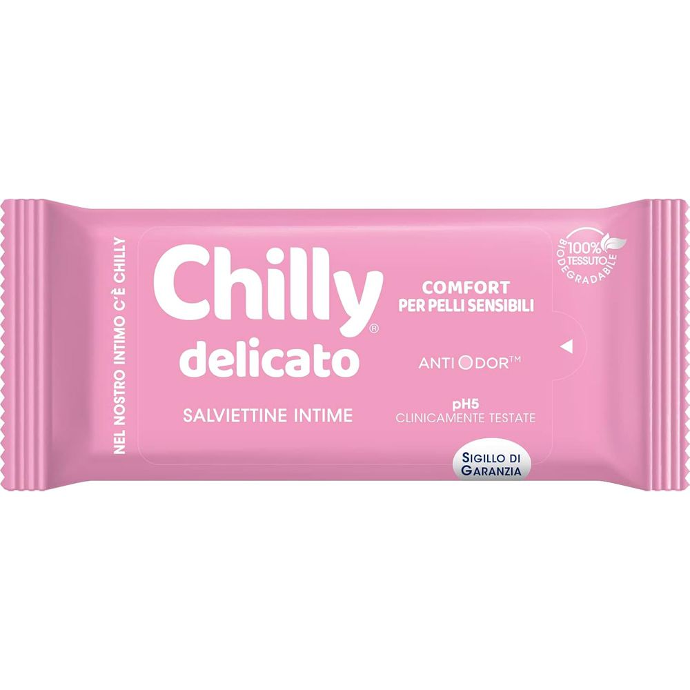 Rosa Verpackung mit "Chilly delicato" und "Salviettine Intime". Enthält "Comfort per pelli sensibili" und "Anti Odor".