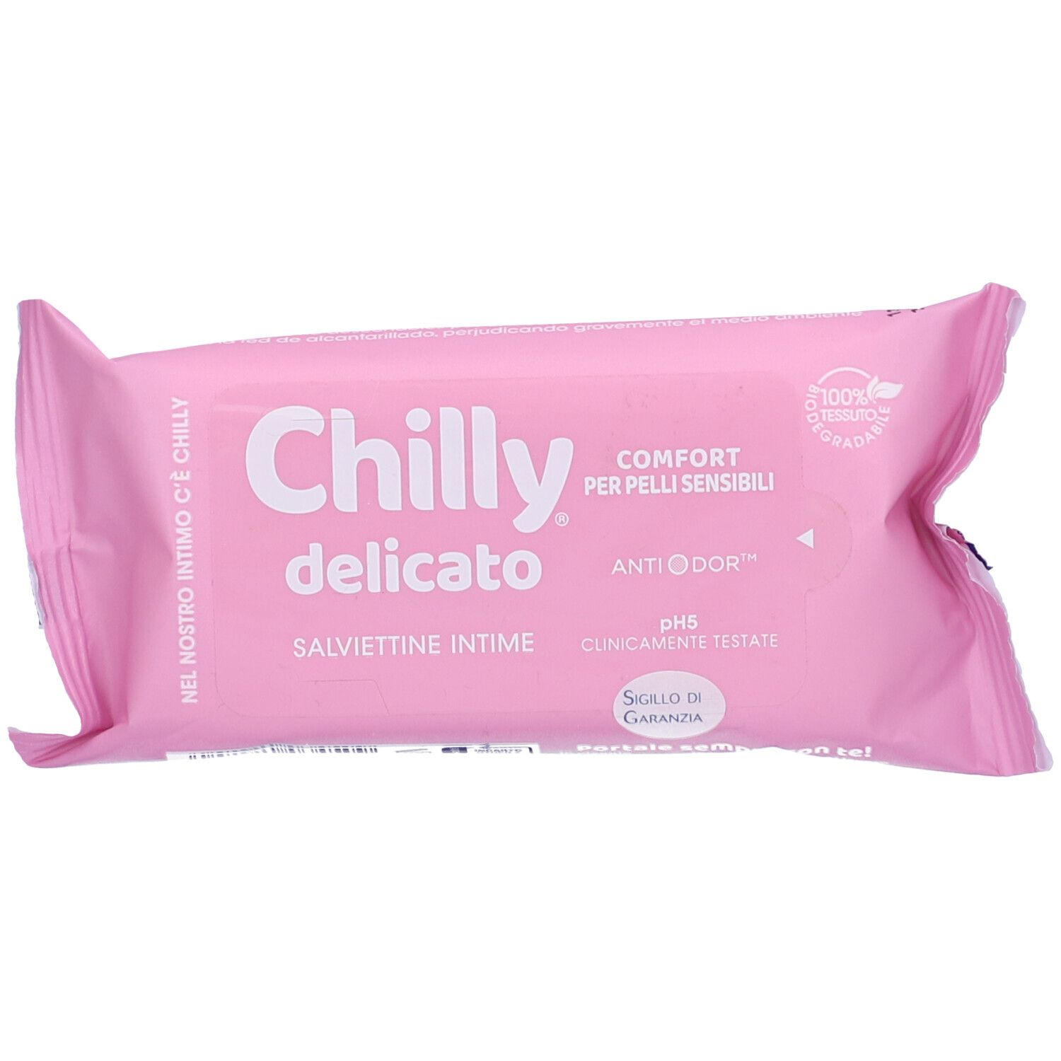 Rosa Verpackung mit "Chilly delicato" Schriftzug. "Comfort per pelli sensibili" und "Salviettine intime" Text.