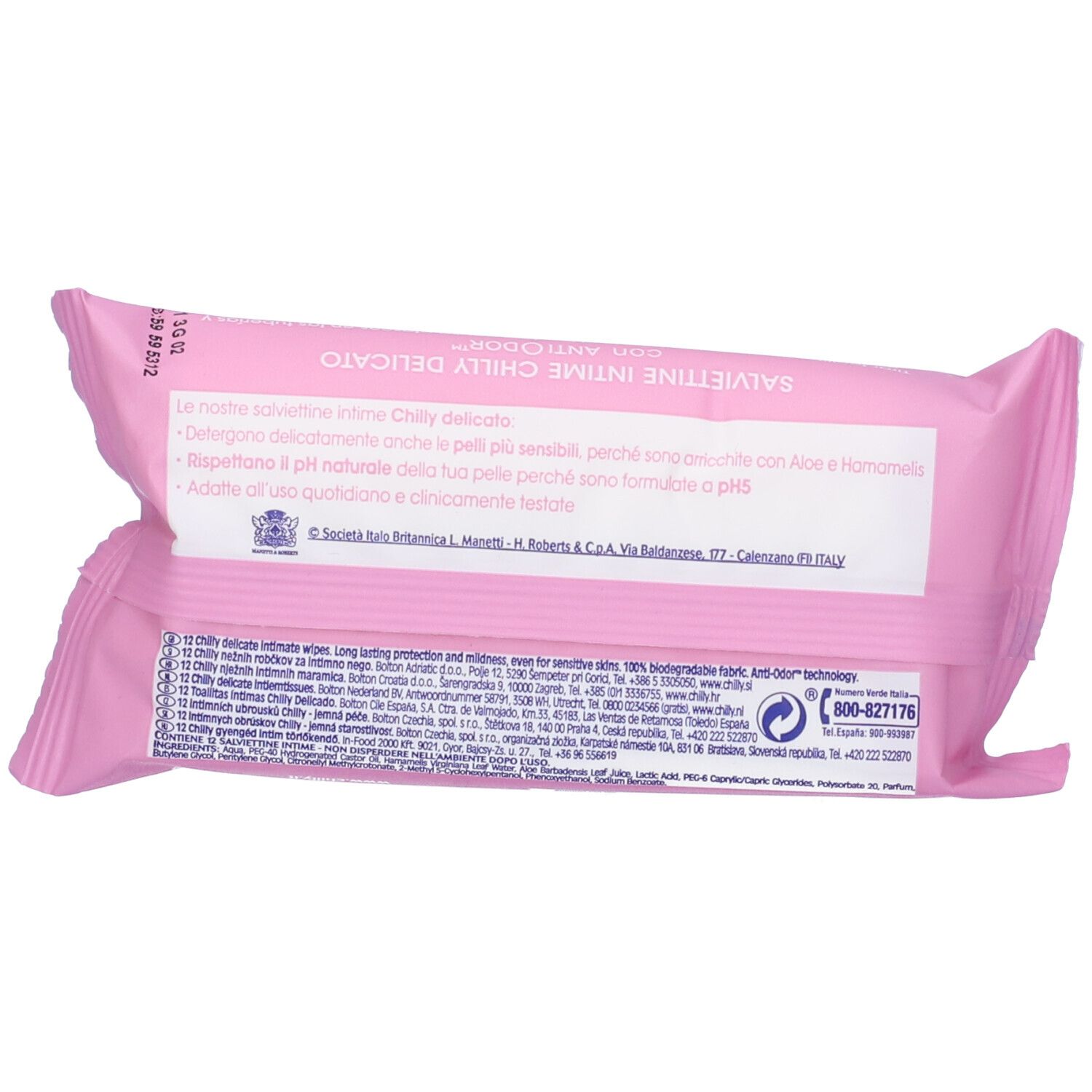 Rückseite der rosa "Chilly delicato" Verpackung. Text in italienischer Sprache. Recycling-Symbol und Kontaktinformationen.