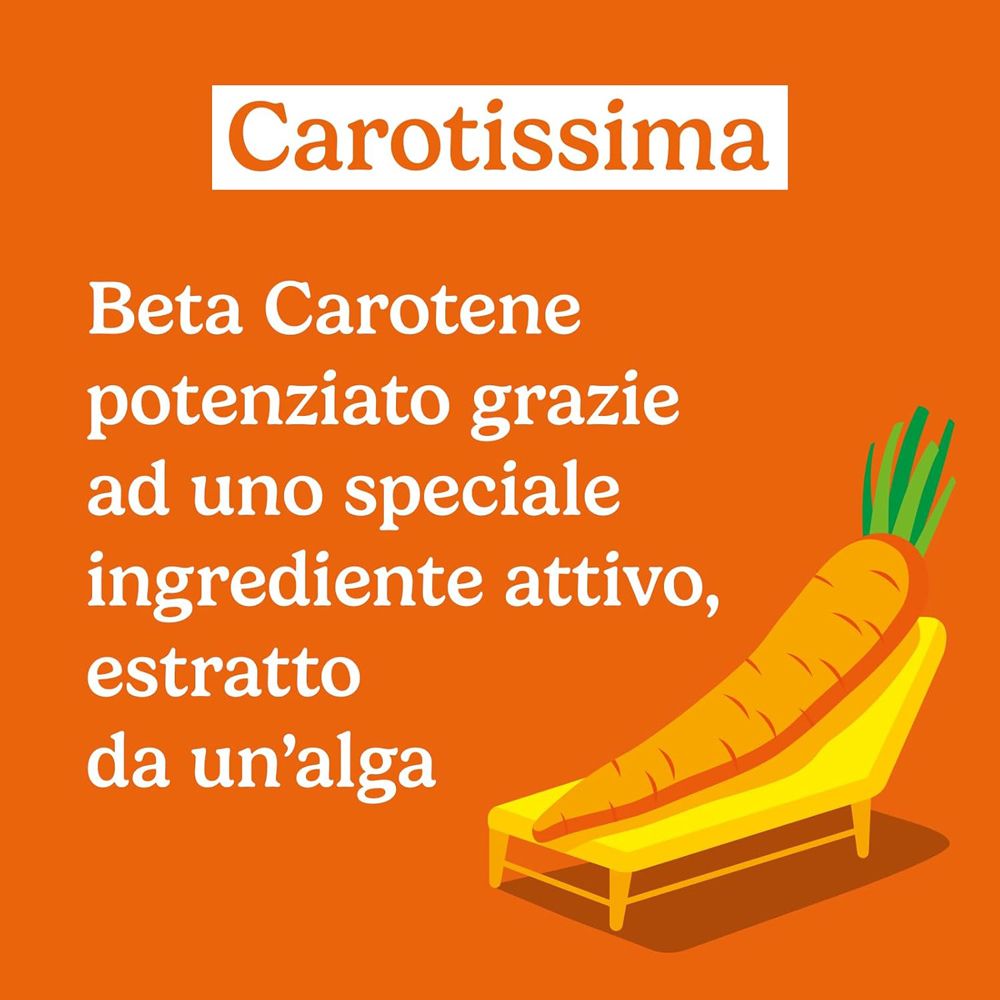 Testo su sfondo arancione. Carotissima. Beta Carotene potenziato con ingrediente attivo speciale.