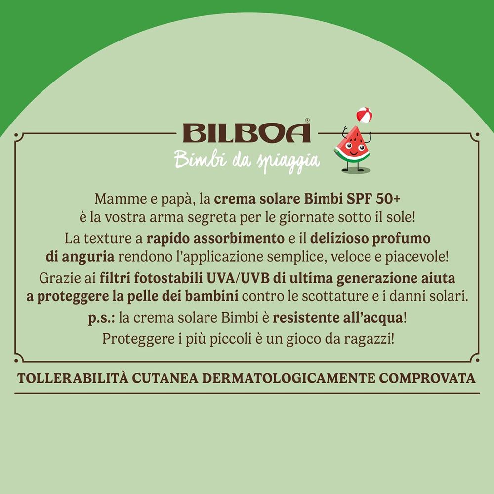 Testo su sfondo verde. BILBOA Bimbi da spiaggia. Informazioni sulla crema solare SPF 50+ e tollerabilità dermatologica.