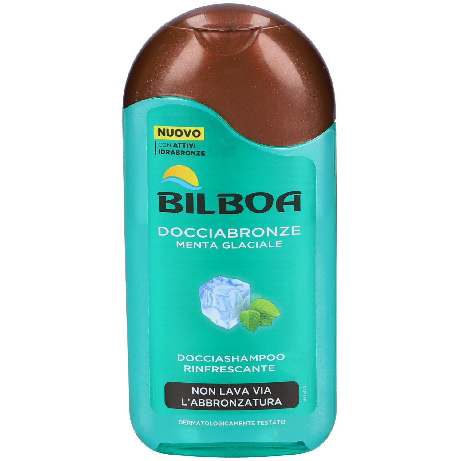 Flacone turchese e marrone. Scritta: Bilboa Docciabronze Menta. Grafica cubetto di ghiaccio e menta. "Nuovo" e "Non lava via l'abbronzatura". Dermatologicamente testato.