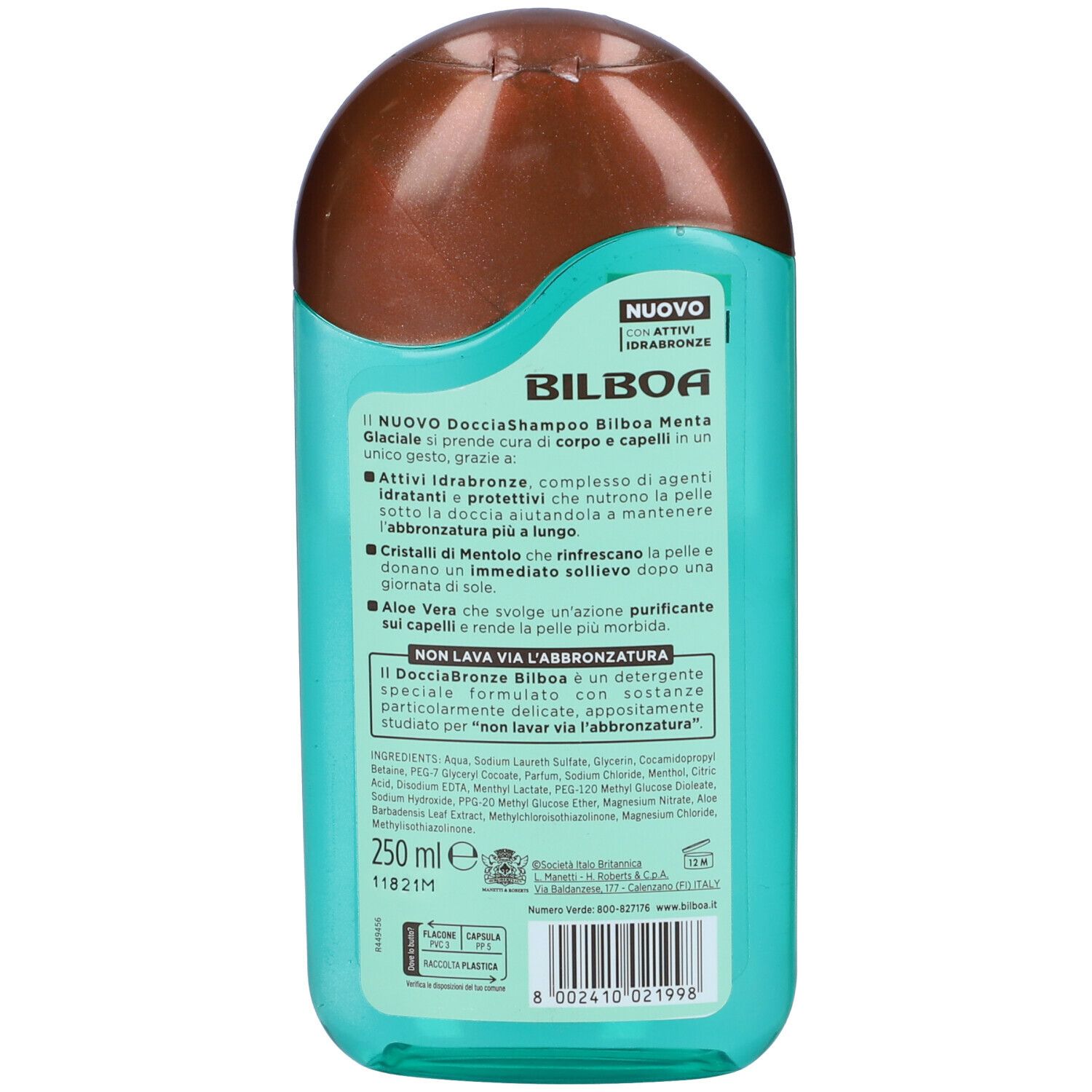 Retro di un flacone turchese. Testo in italiano. Contiene informazioni sugli ingredienti e il produttore.